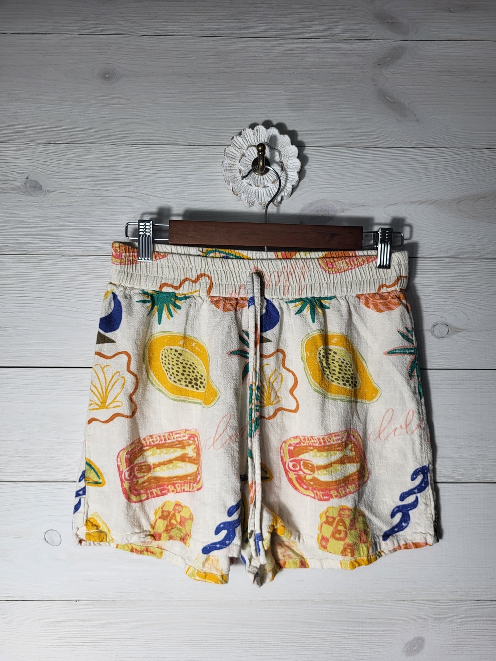 ASOS Shorts Linen Blend Tropical Birds Fruit Sardines Beachy Coastal Loungewear.